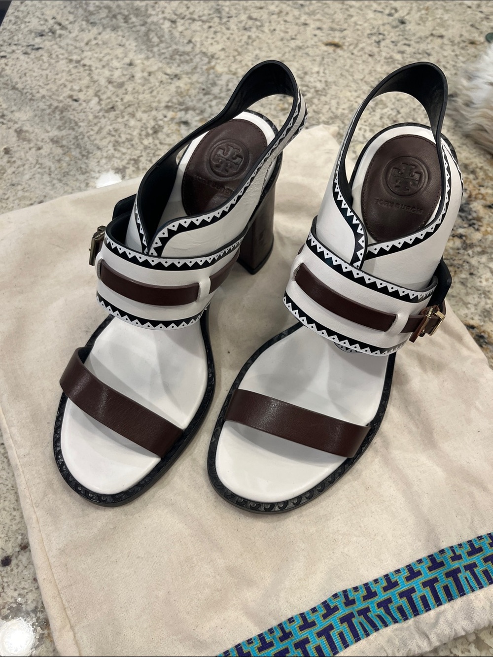 Tory Burch White & Brown Strappy Block Heel Sandals with Black Trim